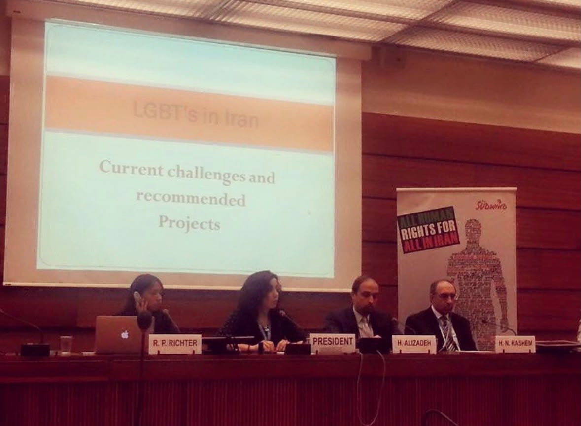 Parastoo Fatemi chairing a side event panel at the UN in Geneva, with the slide LGBTs in Iran: current challenges and recommended projects