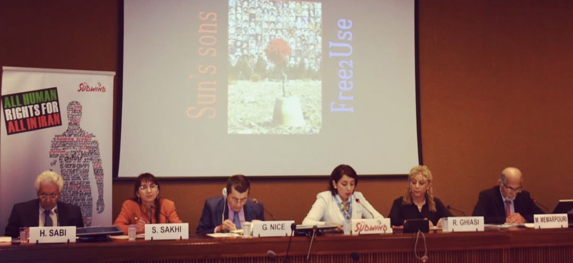 Parastoo Fatemi chairing a panel of six speakers at a side event of the UN Human Rights Council in Geneva, next to a Südwind banner reading All Human Rights for All in Iran